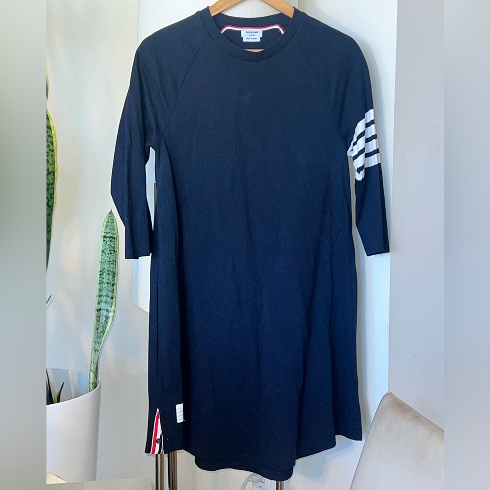 PRICE DROP🔥Thom Browne Navy Blue Dress with Tricolor Accent, 4 bar sleeve, sz 3